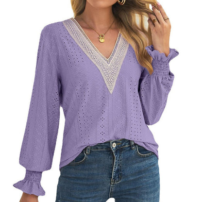 Blusa informal de manga larga con cuello en V y encaje calado para mujer