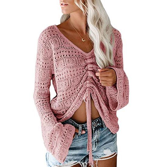 Women Casual Fashio V Neck Flare Long Sleeve Drawstring Knitted Sweater