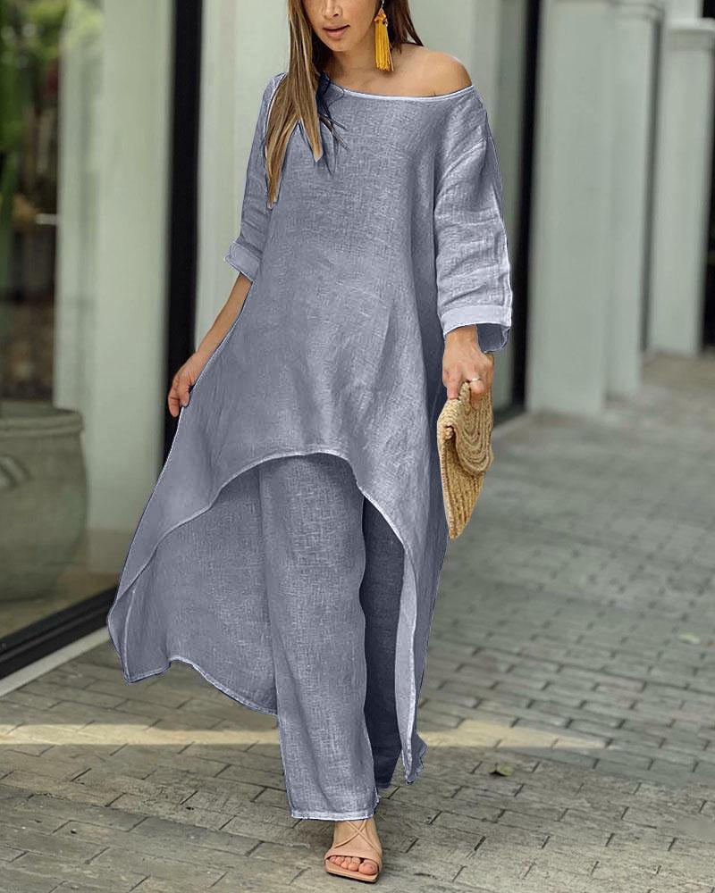 Conjunto de top y pantalones anchos de manga larga irregulares de algodón y lino de color liso informal para mujer