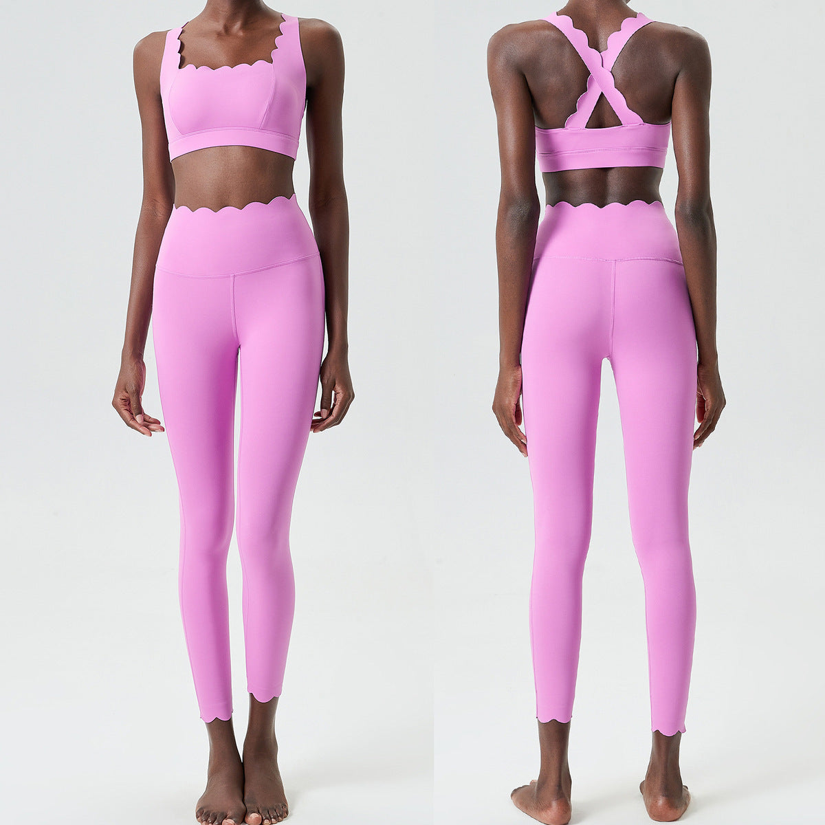 Women Casual Solid Color Liquid Glue Small Wave Sports Yoga Top Pants Two-Piece Set