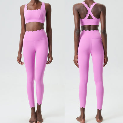 Women Casual Solid Color Liquid Glue Small Wave Sports Yoga Top Pants Two-Piece Set