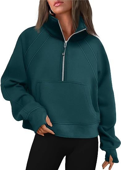 Sudadera informal de invierno para mujer, color liso, con cuello con cremallera y forro polar