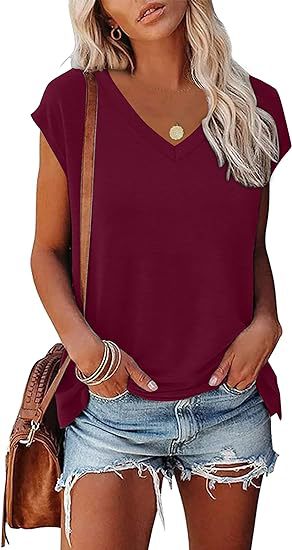 Camiseta informal de verano para mujer, con cuello en V, color liso, de manga corta y sin mangas