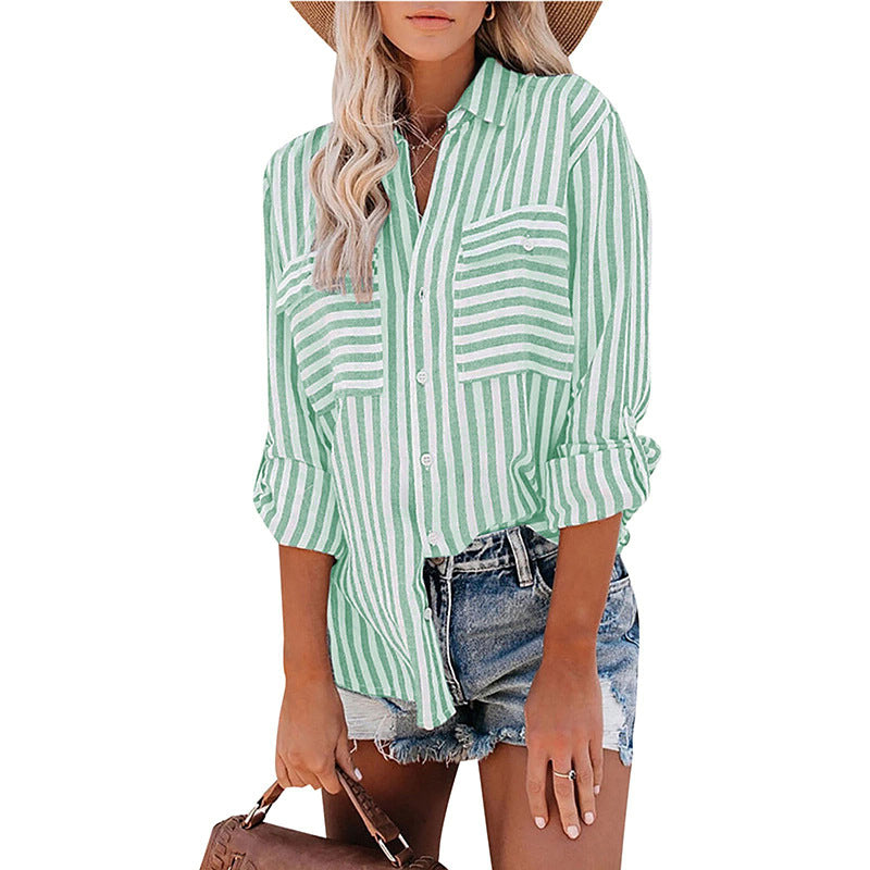 Women Casual Cotton Stripe Single-Breasted Long-Sleeved Shirt Blouse