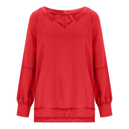 Camiseta informal holgada de manga larga con cuello en V y estampado irregular para mujer