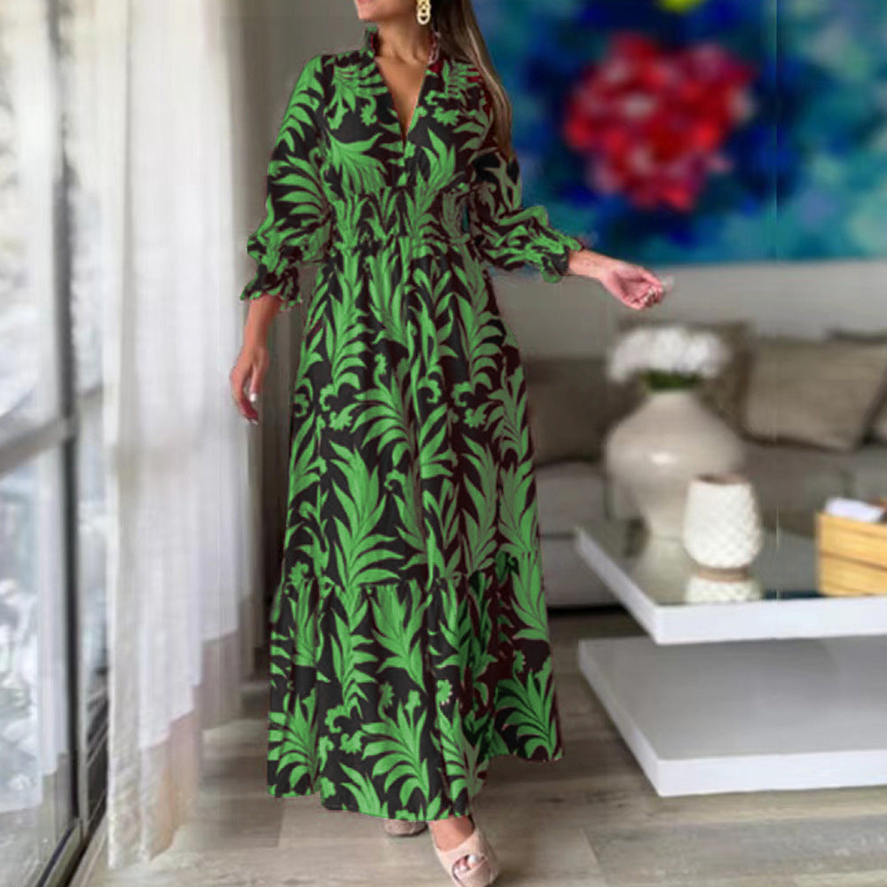 Vestido elegante informal de verano para mujer, con escote en V, estampado floral y volantes, de manga larga