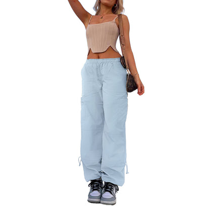 Plus Size Fashion Street Women Loose Strap Multi-Pocket Straight Work Casual Solid Color Cargo Jogger Pants