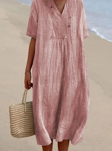 Vestido informal de lino y algodón con cuello en V y color liso para mujer