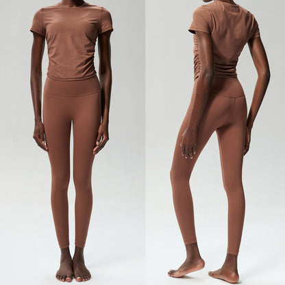 Conjunto de dos piezas para mujer, camiseta de manga corta con cuello redondo, pantalones deportivos ajustados para correr