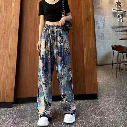 Women Summer Basic Casual Tie-Dye High Waist Ice Silk Wide-Leg Trousers