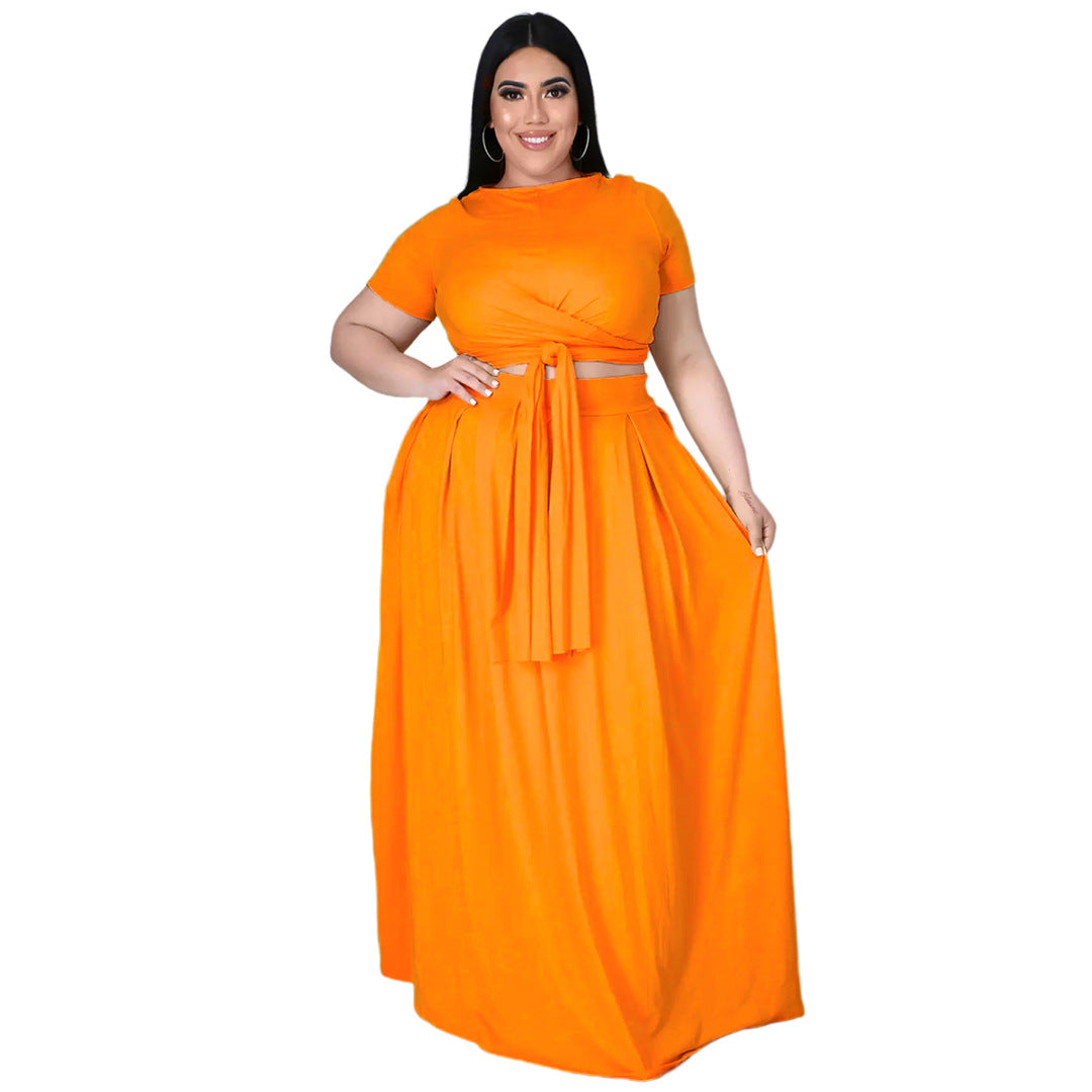 Women Fashion Casual Plus Size Solid Color Cross Strap Short-Sleeve Top Loose Skirt Two-Piece Set