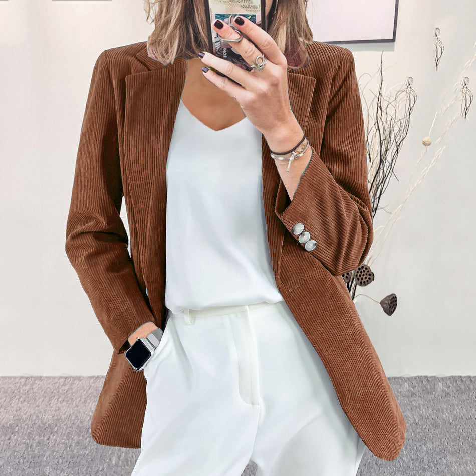 Women Fashion Casual Solid Color Corduroy Lapel Long-Sleeve Slim-Fit Jacket