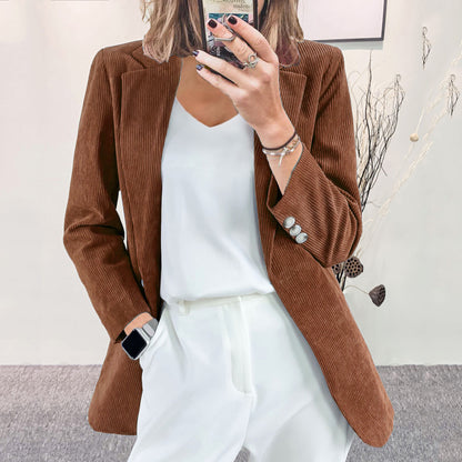 Women Fashion Casual Solid Color Corduroy Lapel Long-Sleeve Slim-Fit Jacket