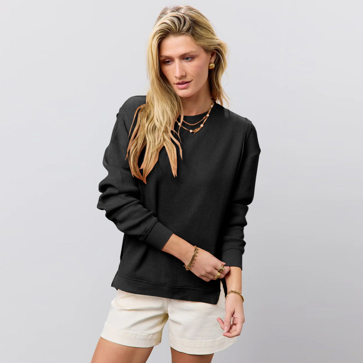 Autumn Women Fashion Casual Crewneck Long Sleeve Split Sweatshirt