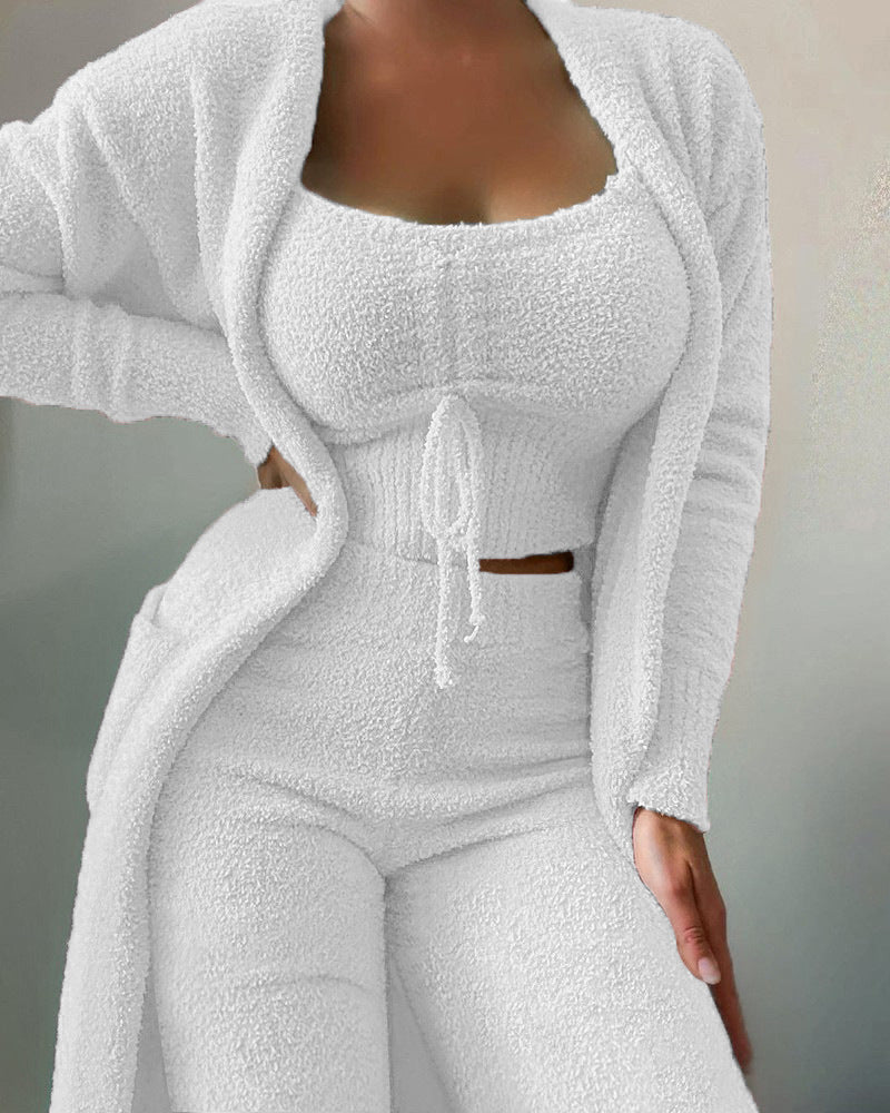 Conjunto de tres piezas de punto informal para mujer, camiseta sin mangas de felpa de color liso de invierno, pantalones y abrigo con cintura elástica