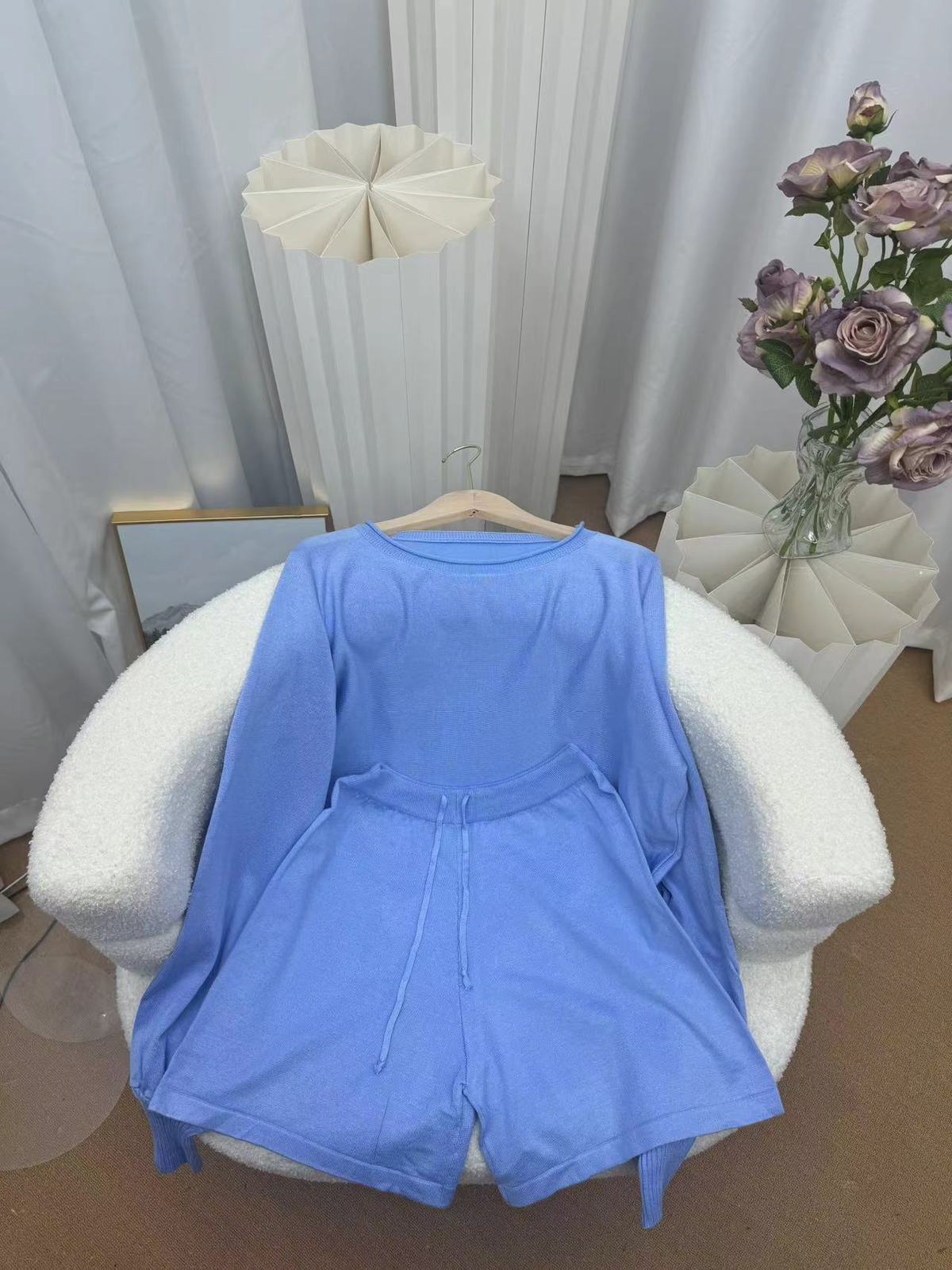 Women Casual Solid Color Knitted Long-Sleeve Sweater Drawstring Shorts Two-Piece Set