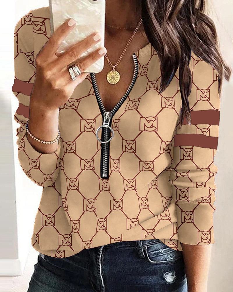 Blusa informal de manga larga con cremallera y estampado de letras para mujer