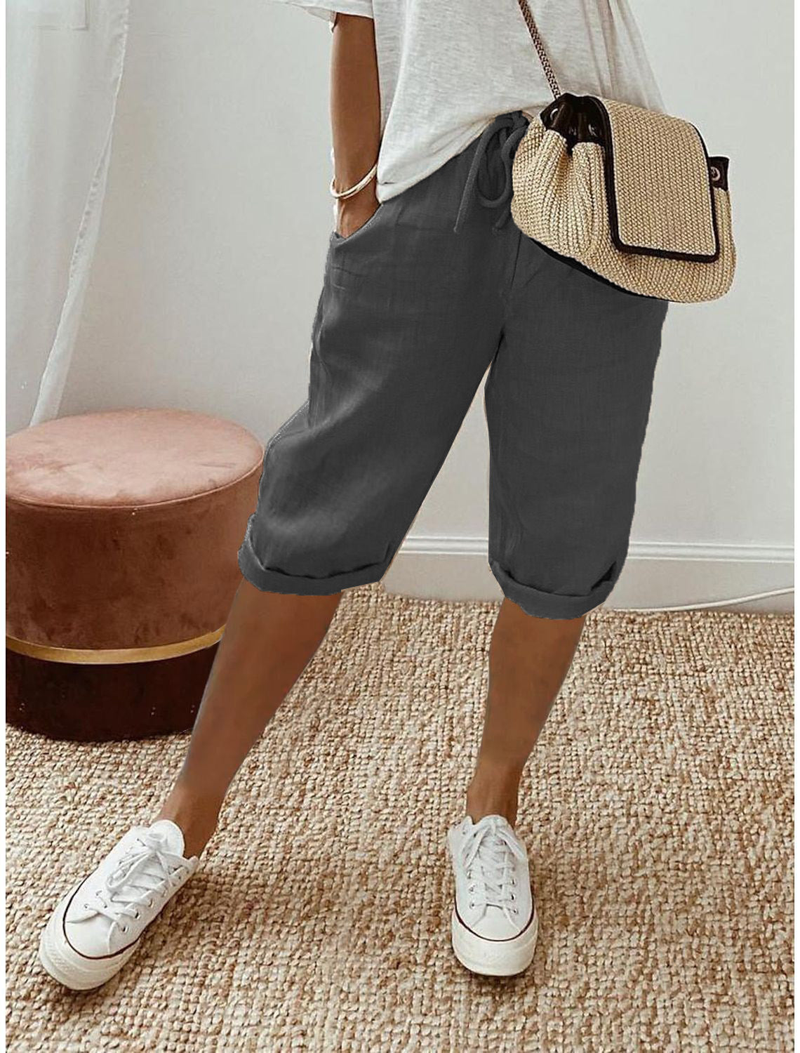 Women Casual Cotton And Linen Solid Color Pocket Pants