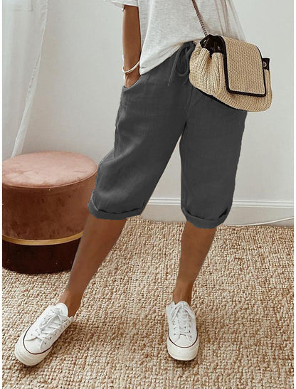 Women Casual Cotton And Linen Solid Color Pocket Pants