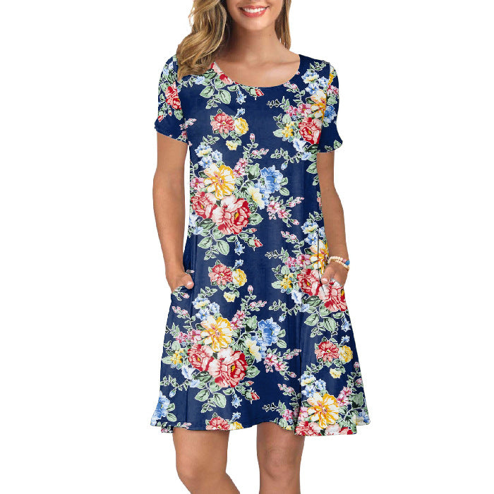 Crewneck Floral Sunflower Printed Women Casual Short Sleeve Pocket Dress