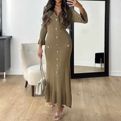 Vestido maxi de punto ajustado de manga larga con escote en V y color liso informal de otoño para mujer