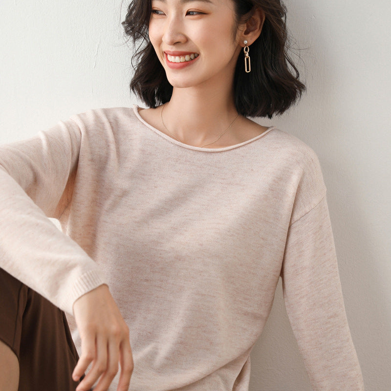 Women Fashion Casual Solid Color Round Neck V-Neck Long Sleeve Sweater