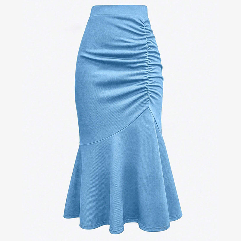 Women Casual Simple Solid Color Pleated High Waist Fishtail Wave Skirt