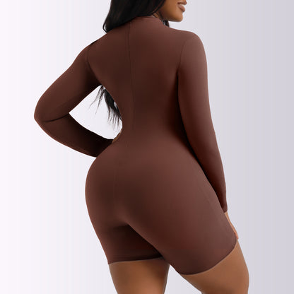 Mono informal de color liso con manga larga, cuello redondo y cintura sencilla para mujer