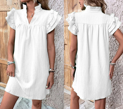 Women Fashion Casual Solid Color Multi-Layer Lotus Leaf Sleeve V-Neck Dress
