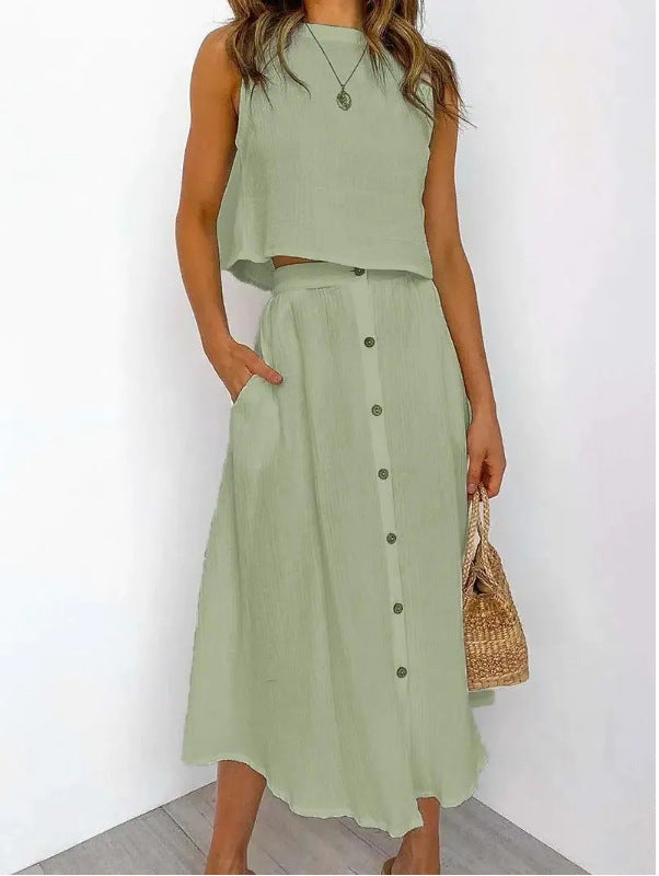Conjunto de dos piezas de camiseta sin mangas con cuello redondo informal para mujer, largo midi y falda con botones.