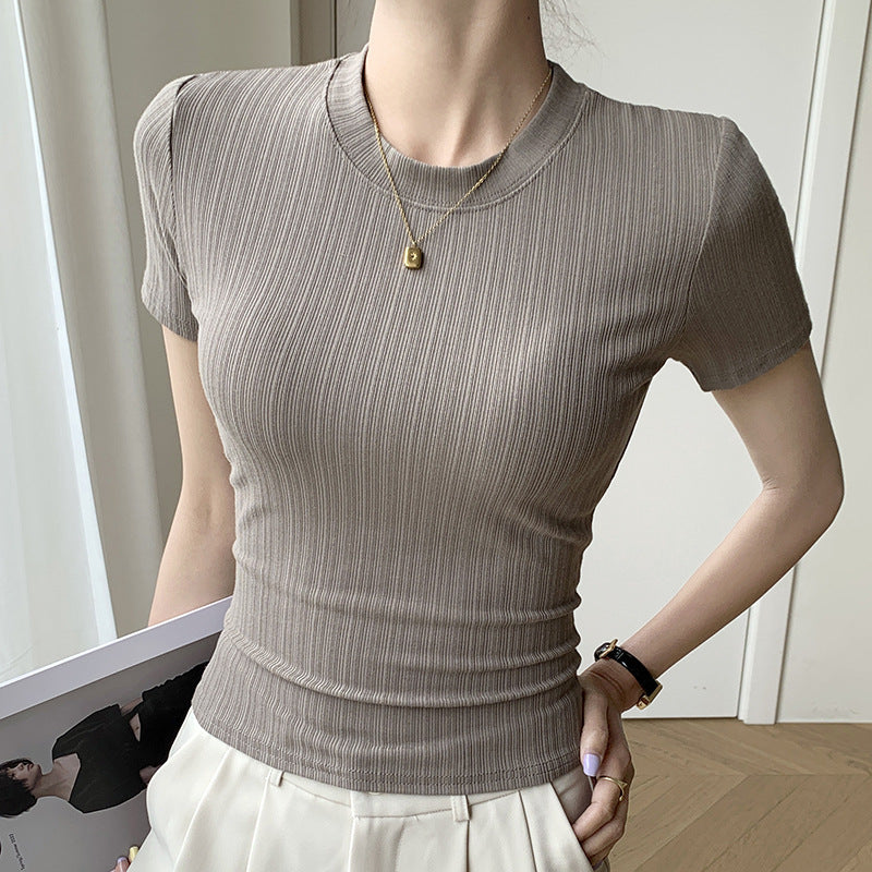 Camiseta básica informal de verano de manga corta con cuello redondo para mujer