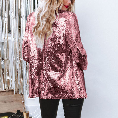 Chaqueta informal de manga larga con solapa y lentejuelas de color liso para mujer