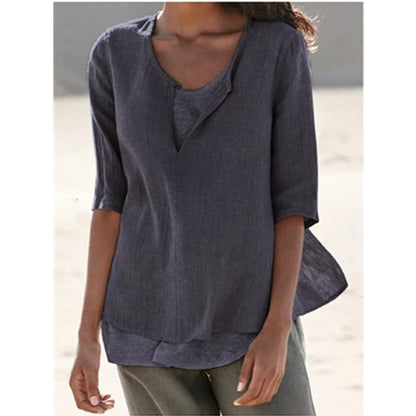 Blusa informal de lino con cuello en V y color liso para mujer