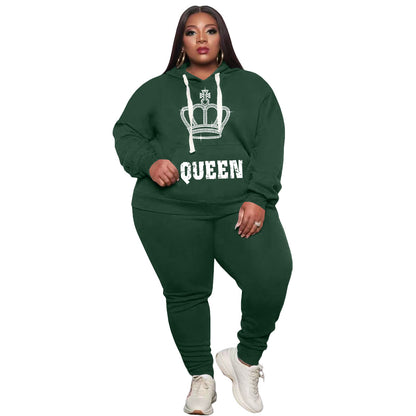 Conjunto de dos piezas deportivo informal de talla grande para mujer, de manga larga, con estampado de letras Queen y pantalones de color liso con diamantes de imitación