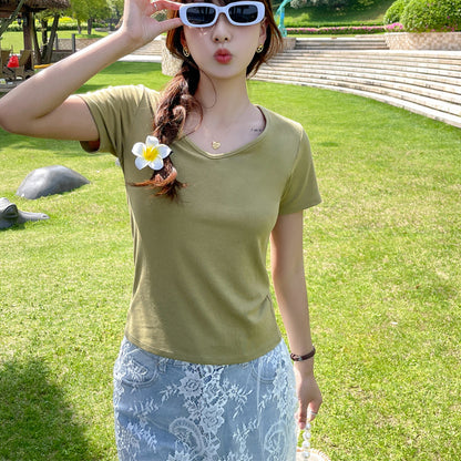 Camiseta informal de verano para mujer, color liso, cuello en V y manga corta