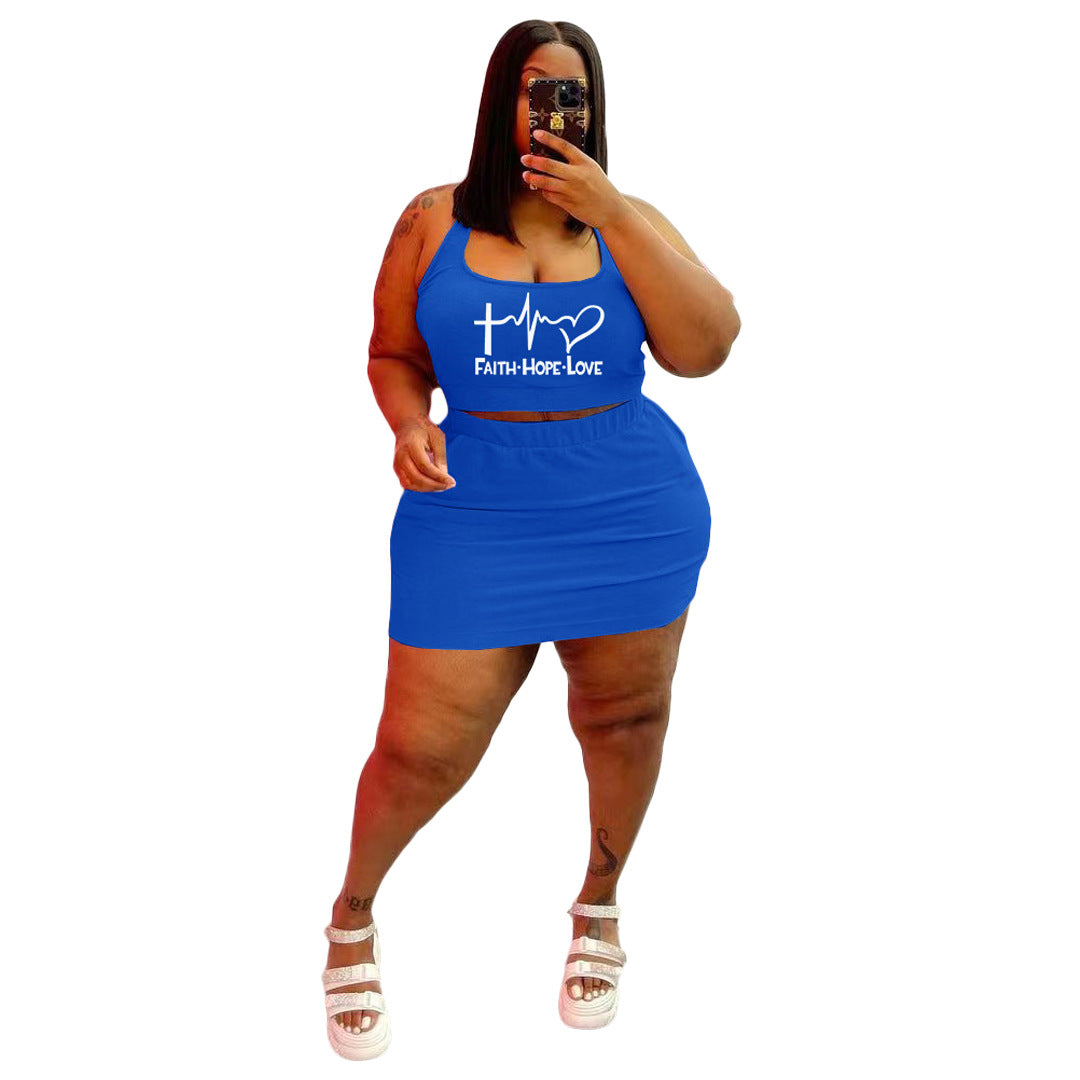 Conjunto de dos piezas de top corto y falda con estampado de letras Faith Love, informal, deportivo, sin mangas, talla grande, para mujer
