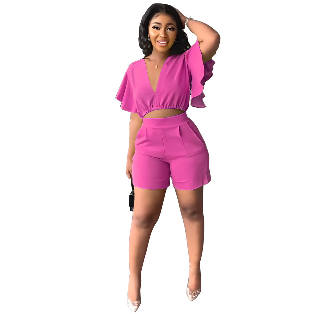 Conjunto de dos piezas de verano para mujer: top corto con cuello en V y pantalones cortos informales con volantes