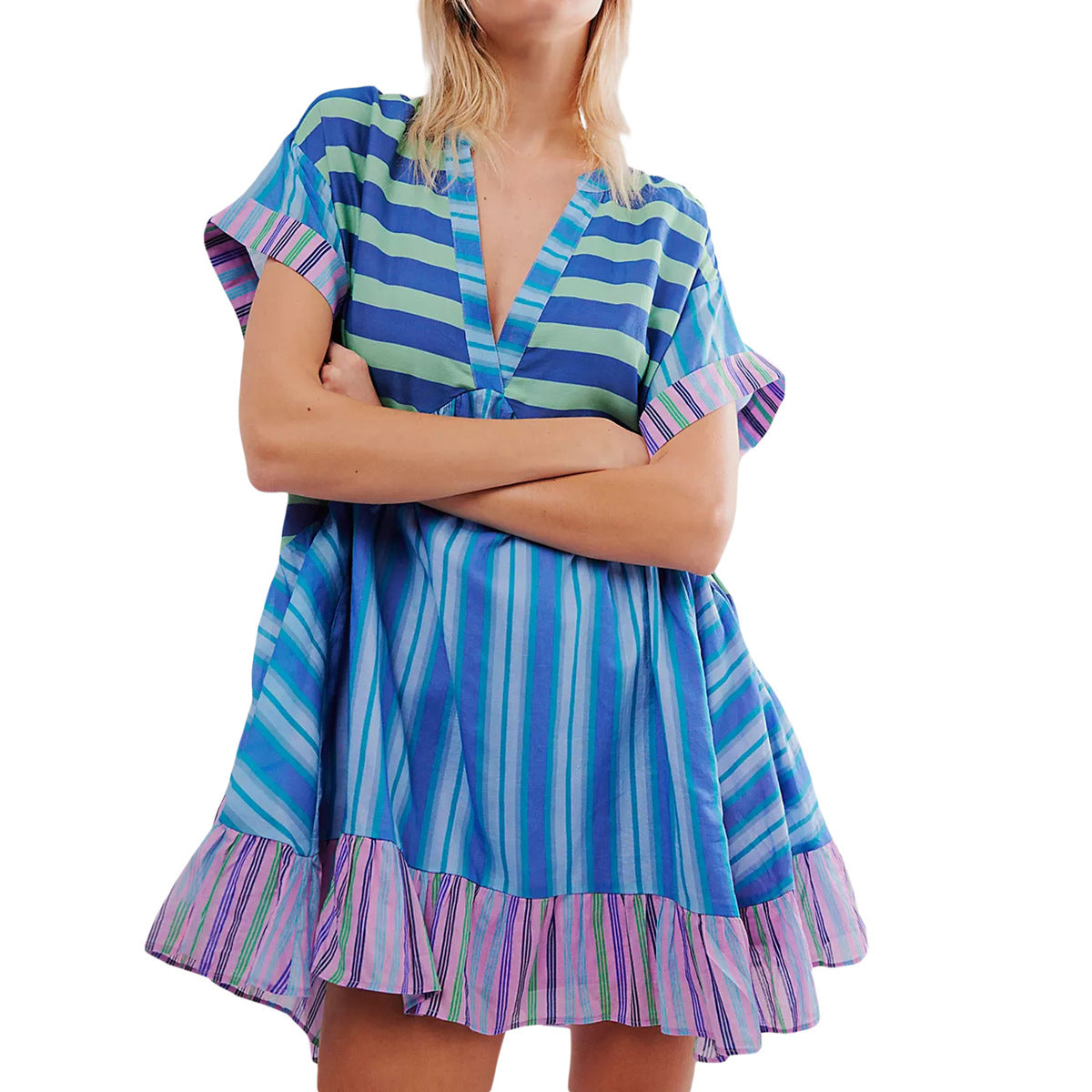 Women Fashion Casual Boho Multicolor Printed Stripe Short Sleeve V-Neck Dress