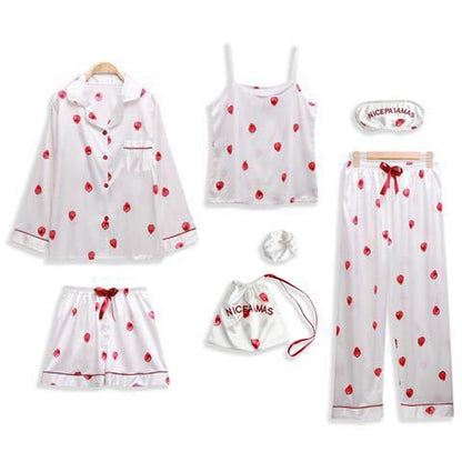 Conjunto de pijama fino de siete piezas con estampado de rayas informal sencillo para mujer