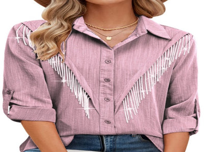 Blusa informal de manga larga con solapa y borlas de diamantes de imitación para mujer