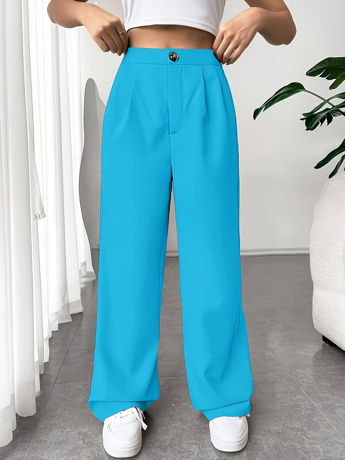 Pantalones rectos holgados con cintura alta y drapeados casuales a la moda para mujer