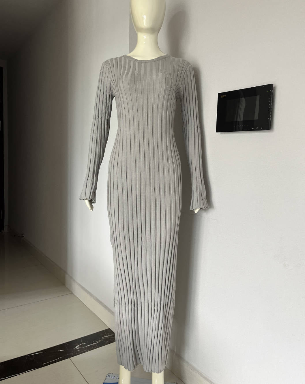 Autumn Winter Women Fashion Casual Crewneck Pit Strip Knitted Dress