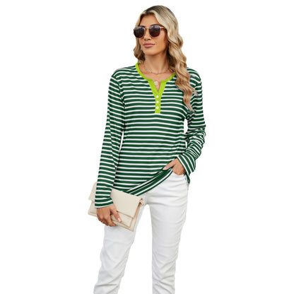 Camiseta informal de verano para mujer con cuello en V y estampado de rayas de manga larga