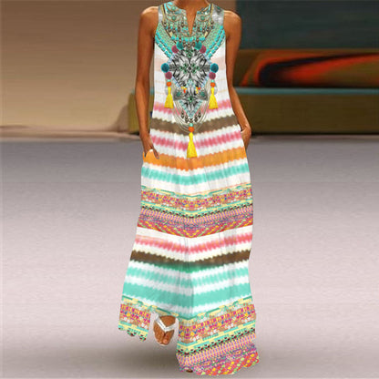 Vestido largo holgado informal de verano con escote en V y sin mangas con estampado para mujer