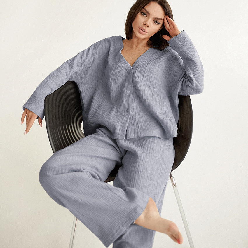 Conjunto de pijama de dos piezas para mujer, informal, holgado, de algodón, color liso, blusa y pantalones para el hogar