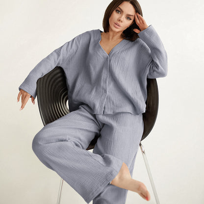 Conjunto de pijama de dos piezas para mujer, informal, holgado, de algodón, color liso, blusa y pantalones para el hogar