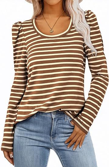 Camiseta informal de manga larga con cuello redondo y estampado de rayas para mujer