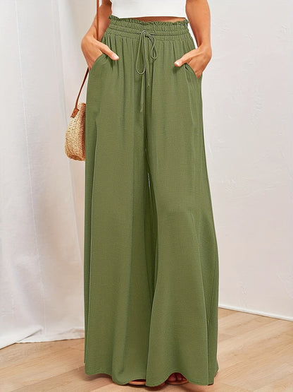Women Fashion Casual Loose Solid Color Drawstring High-Waist Wide Leg Pants