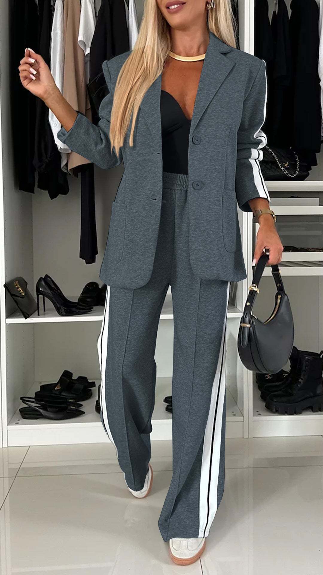 Conjunto de dos piezas de blazer, abrigo y pantalones de manga larga con solapa informal para mujer