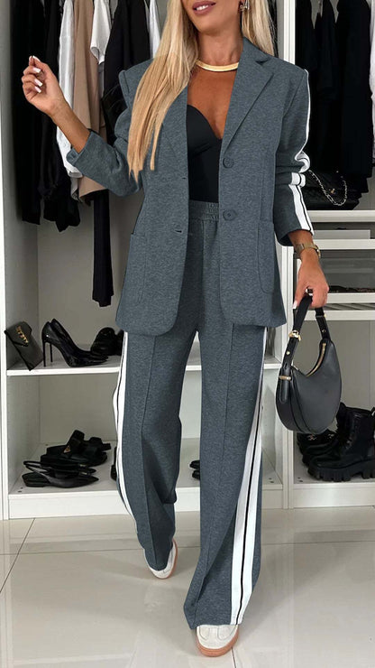 Conjunto de dos piezas de blazer, abrigo y pantalones de manga larga con solapa informal para mujer